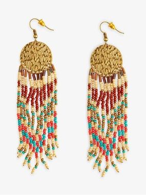 Myra Bag Sun’s Radiance Gold Disc Fringe Earrings with Turquoise & Coral Beads